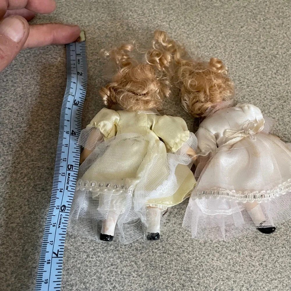 Set of 2 Vintage Porcelain‎ Dolls Blonde Curly Hair Victorian Dresses